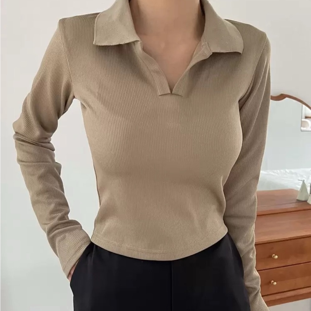 Tan Fitted Long Sleeve Button Down Shirt